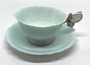 Paragon England Bone China Butterfly Handle Tea Cup Saucer Peal Green & pink - Picture 1 of 21