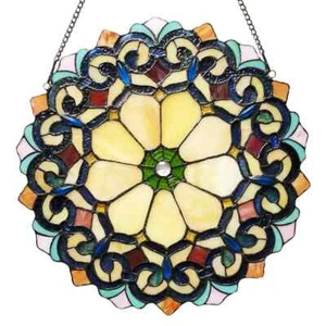 18" Stained Glass Window Panel Round Victorian Tiffany Style Suncatcher Glass - Picture 1 of 3