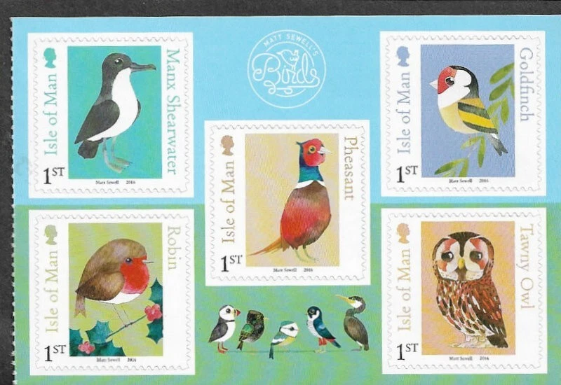 ISLE OF MAN MATT SEWELL BIRDS SPOTTED AND JOTTED ART  SELF ADHESIVE SET MNH — 第 1/1 张图片