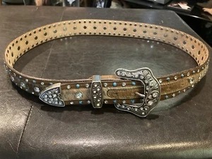 Justin Women's Brown Western Belt C20454 Size 38 Rhinestones Turquoise - Picture 1 of 5