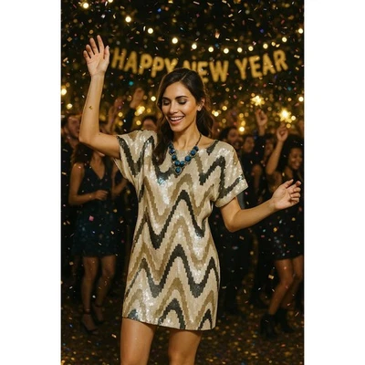 Vestido de cocktail lantejoulas tamanho 6 Trina Turk zig zag turno festa discoteca creme - Imagem 1 de 4