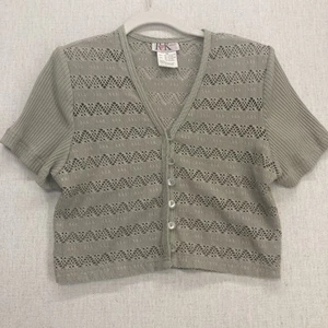 Vintage R&K Originals Green Crochet Crop Short Sleeve Cardigan Ramie Cotton 14 - Picture 1 of 9