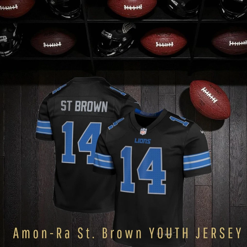 Camiseta de fútbol americano cosida negra Youth Large Amon-Ra St. Brown Detroit Lions nueva con etiquetas Foto 1 de 1