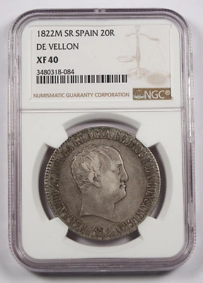 Spain 1822 M-SR 20 Reales Silver Coin NGC XF40 Ferdinand VII Madrid Mint KM561 - Image 1 of 4