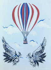 Gouache Originell Vintage C.1950 Heißluftballon Tricolor Himmel Blumen Flügel