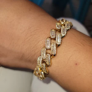 8 CT Baguette Simulated Diamond Men's Cuban Bracelet 925 Yellow Sterling Silver - Picture 1 of 4