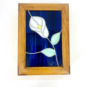 Vintage Solid Wood Stained Glass Cala Lilly Blue Floral Art Deco Mid Century Mod - Picture 1 of 7