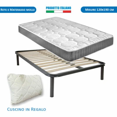 Rete in ferro a doghe e Materasso rigido 120x190 a molle Bonnel in acciaio - Immagine 1 di 4