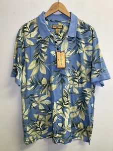 NEW Caribbean Joe Hawaiian Polo Shirt Print Cotton Men's Sz L Blue Floral Beach - Picture 1 of 6
