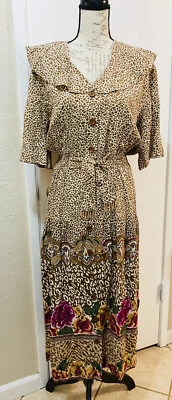 MS CHAUS Secretary Midi Dress Floral Paisley Animal Print Belt Short Slv 14 Vtg - Image 1 of 4