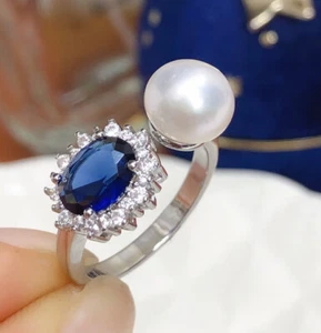 Anillo con incrustación de gema de cristal de zafiro facetado de perlas blancas naturales tamaño AAA ajustable - Imagen 1 de 3