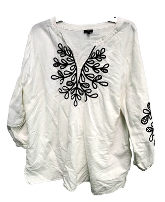 Talbot's 2X Peasant Blouse White With Black Embroidery Linen Blend 3/4 Sleeve - Image 1 of 2