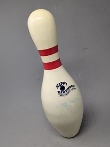 Bowling Pin Happy Birthday Themed Red Stripe Regulation Size Damage From Play - Picture 1 of 7