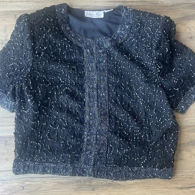 VTG Laurence Kazar L XL Black Silk Sequin Jacket old money Yacht Luxury Glam - Image 1 of 4