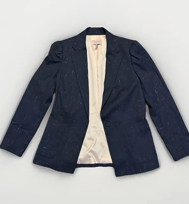 Rebecca Taylor Navy Blue Cross Hatch Blazer Size 6 Wool Blend Fully Lined - Image 1 of 4