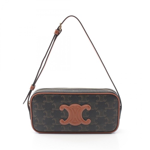 Borsa a tracolla Celine Triomphe rivestita in PVC tela pelle nero marrone usata