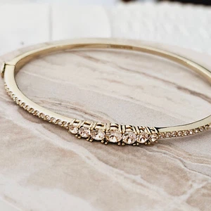 MARCHESA Gold Tone Light Pink Crystal Hinged Slim Bangle Cuff Bracelet NEW - Picture 1 of 9