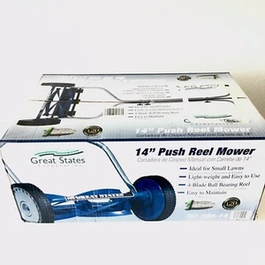Great States 204-14 Blue Silver 14 in 4-Blade Walk Behind Push Reel Lawn Mower - Picture 1 of 3