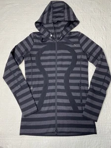 Lululemon Stride Jacke Damen 6 schwarz grau gestreift Hoodie Daumenlöcher durchgehender Reißverschluss - Bild 1 von 12