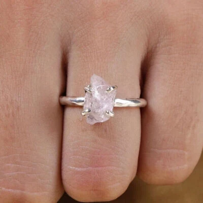 Crudo Quarzo Rosa Gemma Anello 925 Argento Sterling Promessa Fidanzamento - Immagine 1 di 4