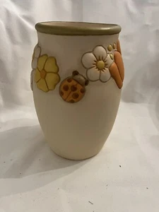 6” Thun Beige Vase Ceramic Matte W/embossed Flowers,butterfly & Ladybug. - Picture 1 of 7