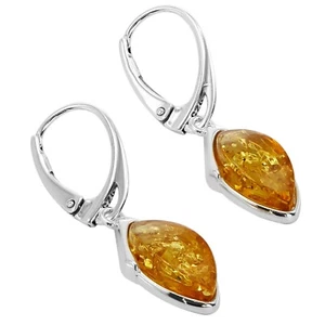 925 Solid Pure Sterling Silver Lemon Baltic Amber Marquise Leverback Earrings - Picture 1 of 9