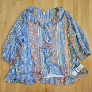 NWT Ruby Rd. Blue White Orange Paisley Ruffle Collar Top Sz XL MSRP $65 - Picture 1 of 9