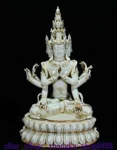 20"Old Song Dy Ru Kiln Porcelain 3 Head Guan Yin Kwan-yin Guanyin Goddess Statue - Picture 1 of 9