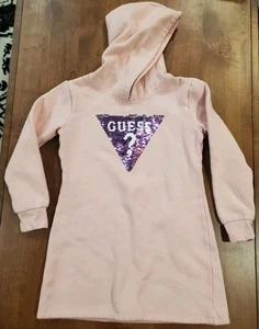 Guess Los Angeles Sequin Girls Size 7 Pink Hooded Long Sleeve Sweatshirt Dress - Picture 1 of 3