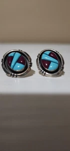 Vintage Zuni Sterling Silver Turquoise Coral Inlay Earrings Native American - Picture 1 of 7