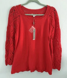 Joseph A Women's Knit Sweater Top Red Crochet Detail Size L Cotton Blend NWT - Picture 1 of 12