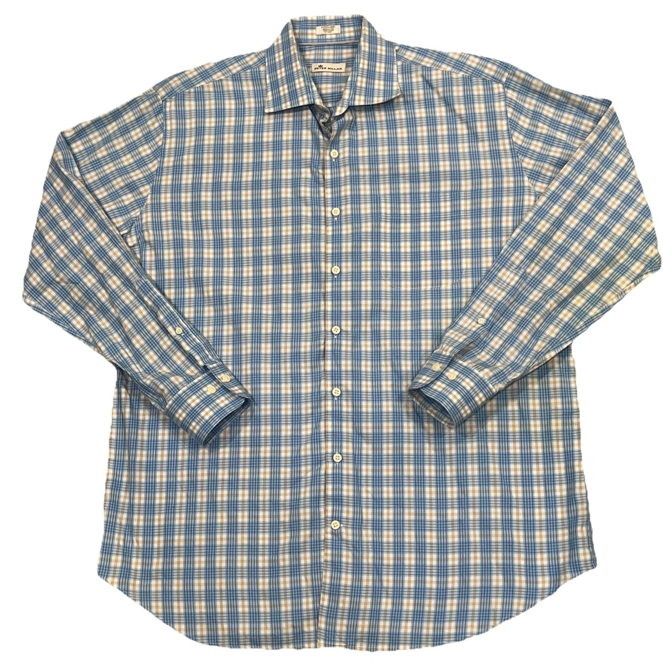 Camisa de vestir Peter Millar para hombre talla XL Oxford azul naranja a cuadros con botones Foto 1 de 2