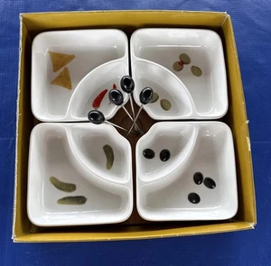 Easy Life appetiser serving set. Ceramic With 4 Olive Pics On A Wooden Tray. - Picture 1 of 16