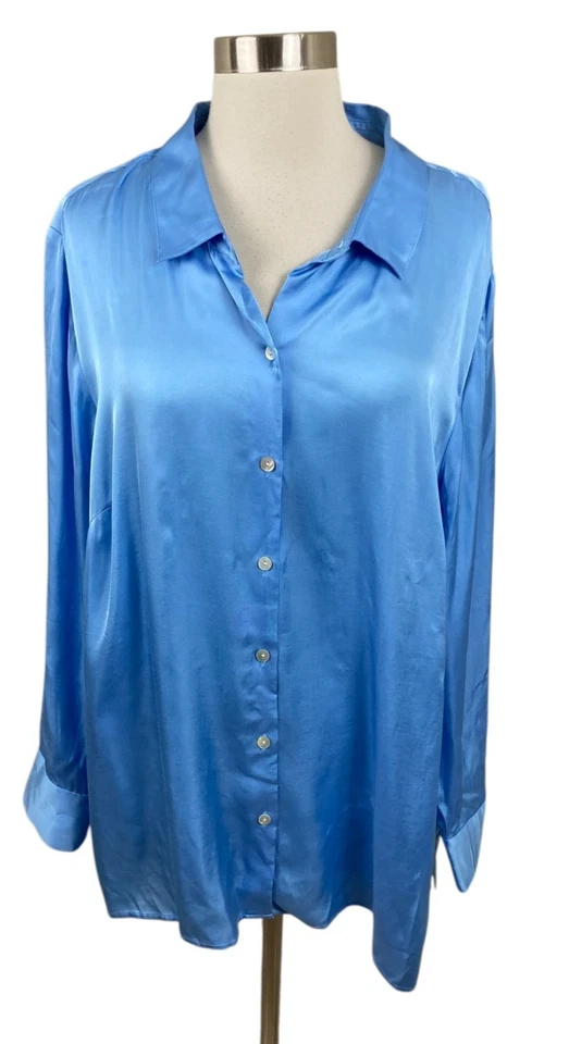 J. Jill 2X Blue Satin Button Front Blouse Dressy Career - Image 1 of 4