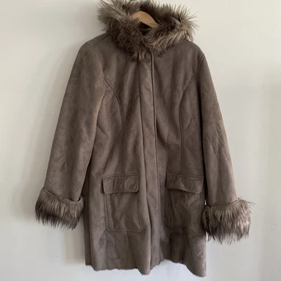 KC Collections Jacket L Faux Suede and Fur Lined Grey Hooded Fleece Lined Warm - Image 1 of 4