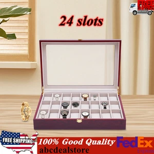 24 Slots Walnut Wooden Wrist Watch Box Display Case Organizer Jewelry Storage - Picture 1 of 13