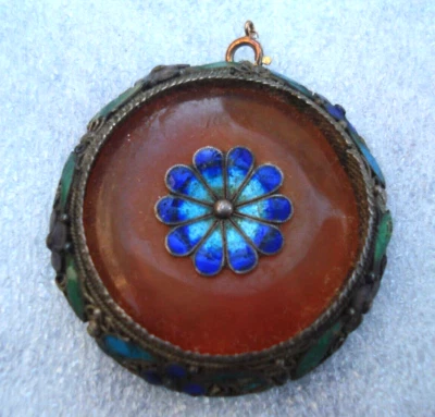 Antique Chinese Export Silver Filigree Enamel Pendant Carnelian - Image 1 of 4
