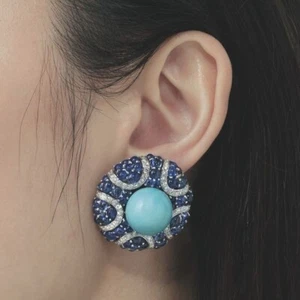 Dazzling Pair Of Lab Created Blue Sapphire Turquoise and CZ Circle Stud Earrings - Picture 1 of 6