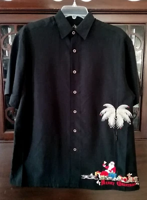 BAMBOO CAY Men's Hawaiian Christmas Black Santa's Presents with Reindeer New - Image 1 of 4
