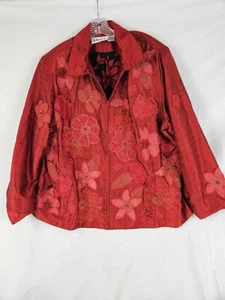 Vintage Anage 100% Silk Red Beaded Embroidered Floral Zip Jacket Plus Siz 2x - Picture 1 of 4