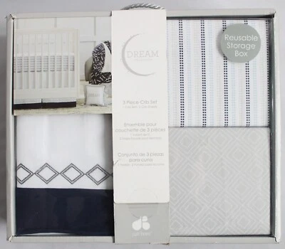 Just Born Dream Collection Juego de 3 piezas de falda y 2 sábanas 100 % algodón azul marino/gris Foto 1 de 2