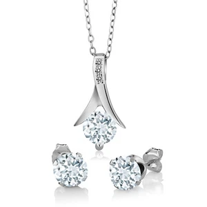 925 Sterling Silver Aquamarine and Diamond Pendant Earrings Gift Set For Women - Picture 1 of 5