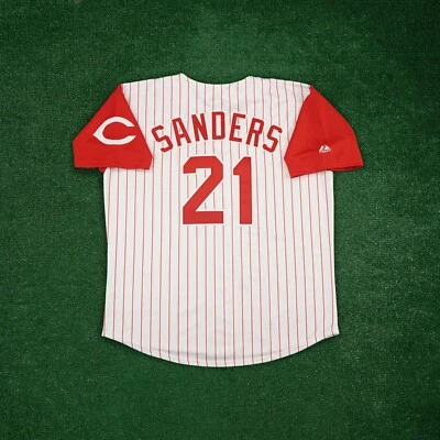 Deion Sanders 1997 Cincinnati Reds Home White Jersey w/ Jackie 50th Patch - Image 1 of 4