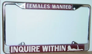FEMALES WANTED INQUIRE WITHIN VINTAGE 1970's METAL LICENSE PLATE FRAME -Red - Picture 1 of 1