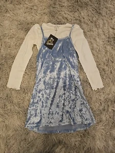 Art Class Velvet Shirt Dress Girls Youth XS 4/5 Blue White 2 Piece Long Sleeve - Picture 1 of 4