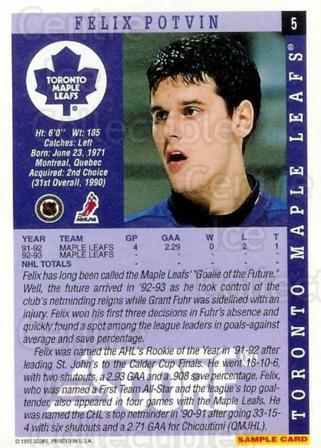 1993-94 Score Promos Samples #5 Felix Potvin - Image 1 of 1