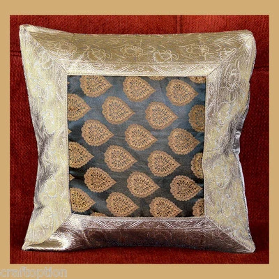 GRAY & BLACK SILK PRINT CENTER BROCADE PILLOW COVER/CUSHION COVER FROM INDIA!! - Image 1 of 4