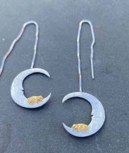 Sterling Silver 925 Dangle Chain Moon Sleeping Dog Gold Plated Earrings Threader - Picture 1 of 4