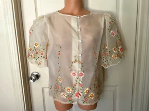 Vintage Embroidered Asian Chinese Japanese Blouse Shirt Hand Painted Flowers - Picture 1 of 23