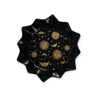 Vintage Black Ceramic Sun & Moon Celestial Decor Bowl With Ruffled Edge Rosler - Image 1 of 4